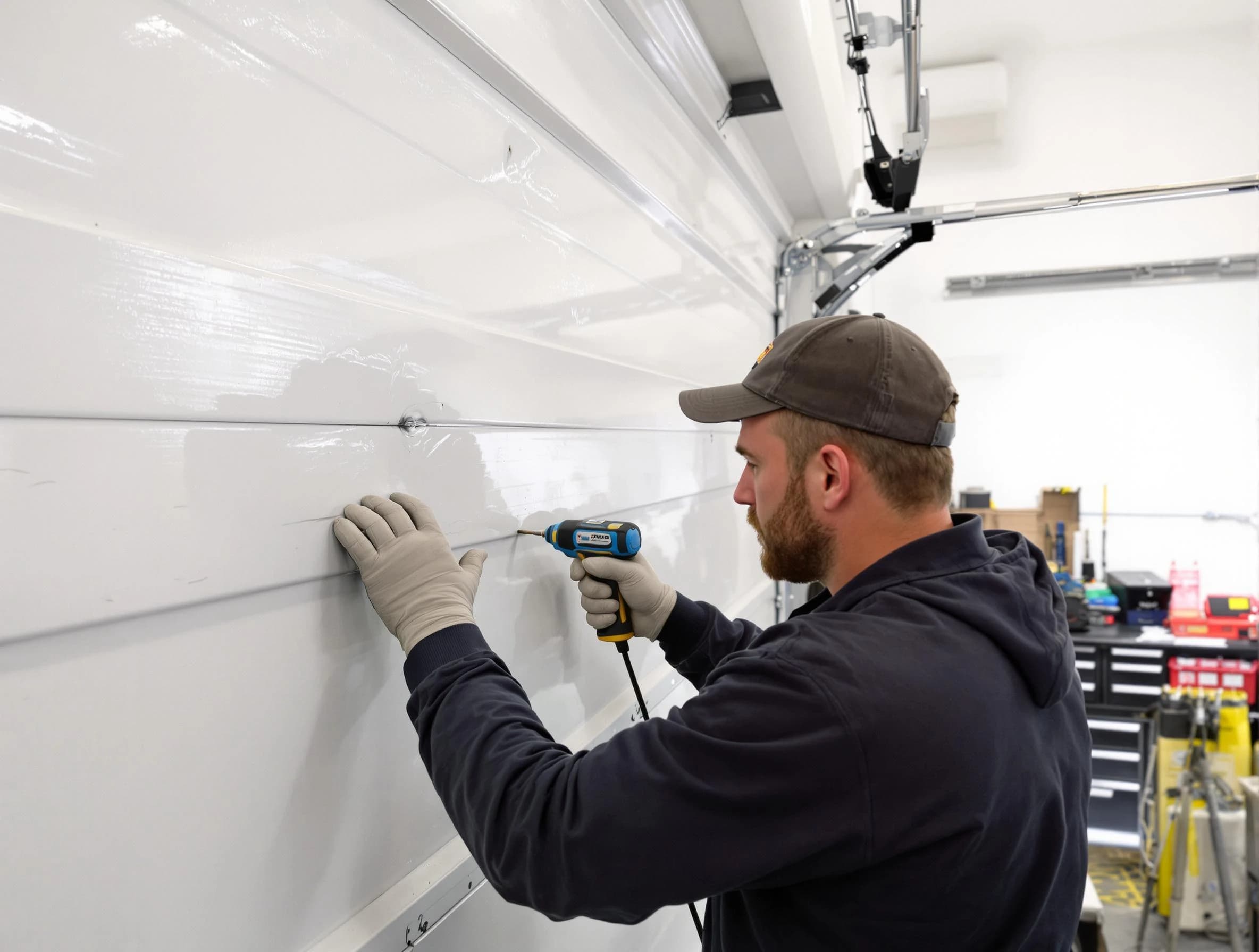 Emporia Garage Door Repair technician demonstrating precision dent removal techniques on a Emporia garage door